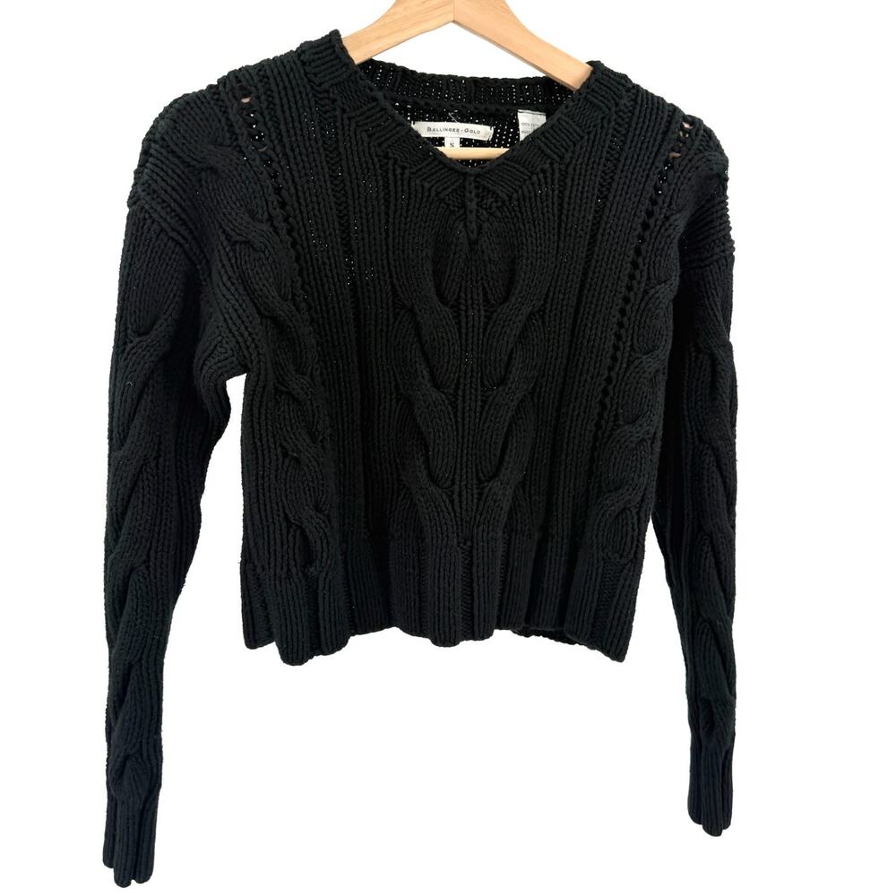 Ballinger Gold Black 100% Cotton Chunky Cable Knit Cropped V-Neck Sweater